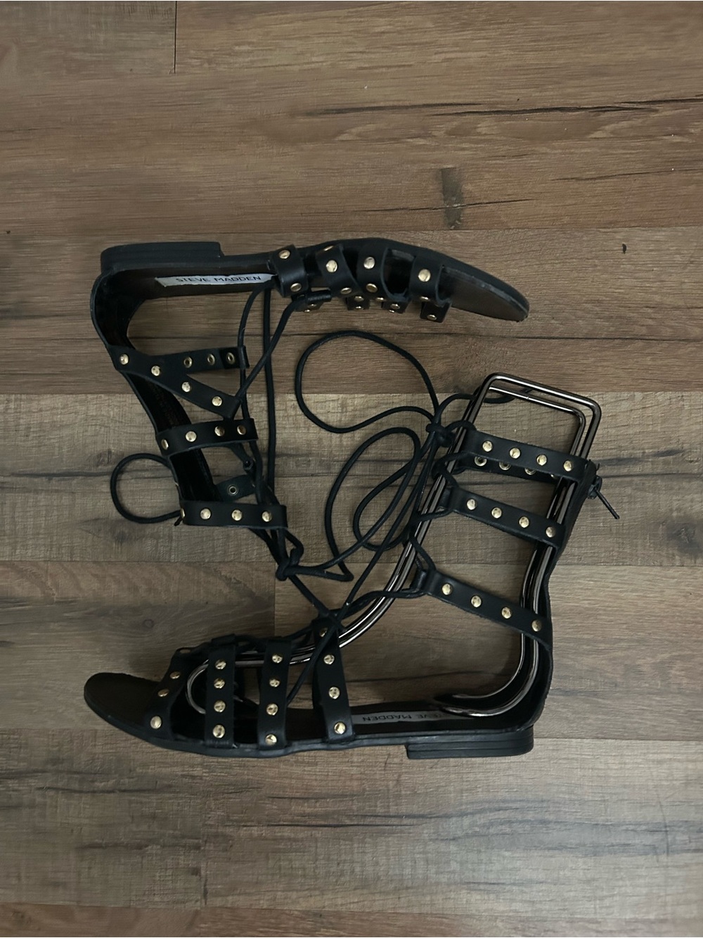 Steve Madden Black Studded Lace-Up Gladiator Sandals with Gold Hardware